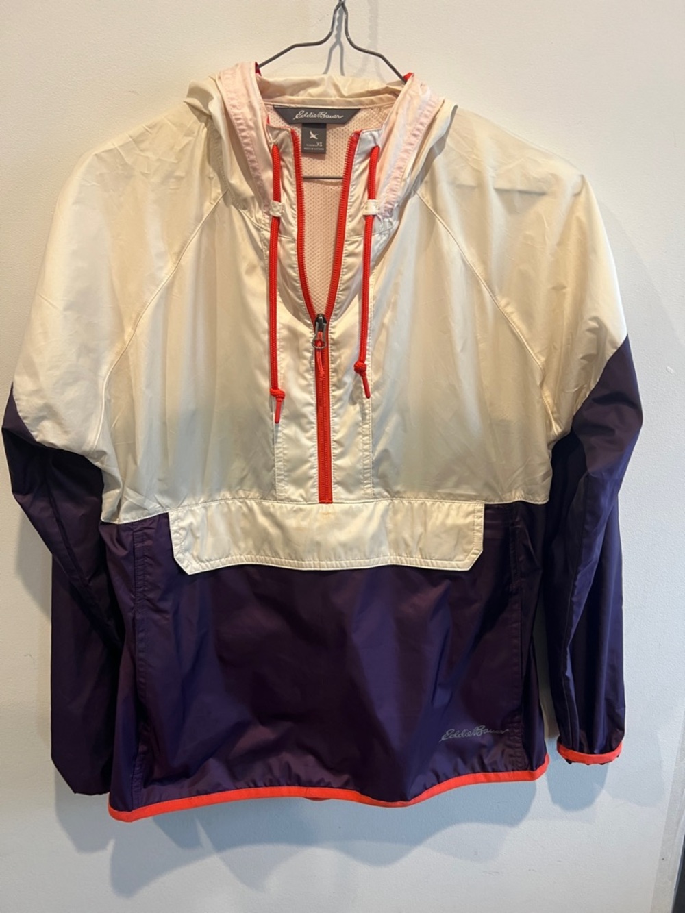 Eddie Bauer Cream & Purple Hooded Pullover Windbreaker with Orange Trim